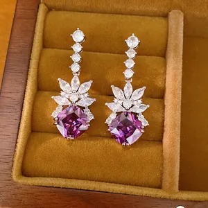 Vintage Geometric Rhombus Purple Zirconia Drop Earrings With Silver Earring Post For Women Elegant Copper Jewelry