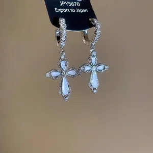 Elegant sparkling zircon cross hoop earrings with white gemstones in Korean fashion style