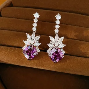 Exquisite drop earrings with purple square zirconia and petal design accents