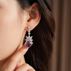Elegant silver needle drop earrings with purple rhombus zircon and marquise stones