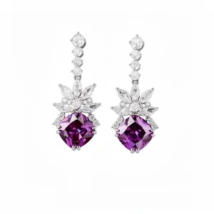 Elegant silver-tone drop earrings with purple cushion-cut zirconia stones