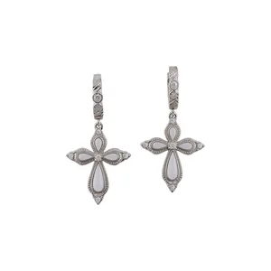 Elegant silver-tone cross hoop earrings with sparkling cubic zirconia and white inlays.