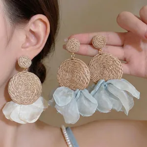 Bohemian Raffia Chiffon Flower Drop Earrings For Women Handmade Weaving Round Geometric Earrings With 925 Sterling Silver Post