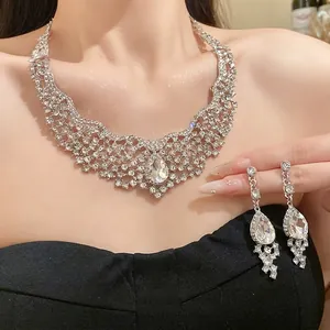 Alloy Rhinestone Hollow Water Drop Necklace Earrings Ensemble Silver Fashion For Women Wedding Party Jewelry