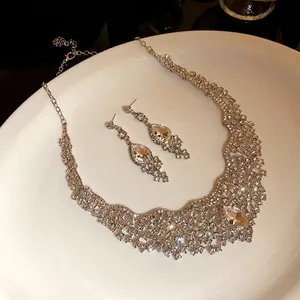 Elegant rhinestone necklace and earring set with waterdrop pendant for wedding parties