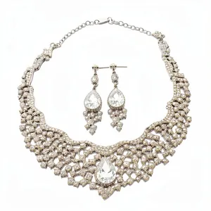 Elegant luxury rhinestone hollow water drop necklace and earrings jewelry set for women