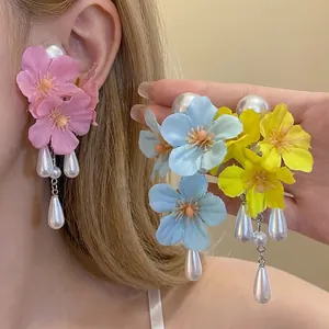 Handmade Fabric Flower Tassel Earrings For Women Fresh Sweet Vacation Style Artificial Pearl Drop Earrings With Silver Post