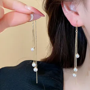 18K Gold Plated Long Tassel Artificial Pearl Ear Threader Earrings With 925 Sterling Silver Post For Women Jewelry