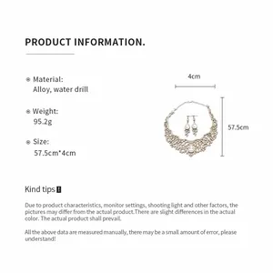 Detail view of rhinestone water drop pendant necklace and earring set with size specs.