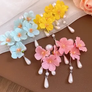 Handmade spring-style floral tassel earrings with imitation pearls in bright colors