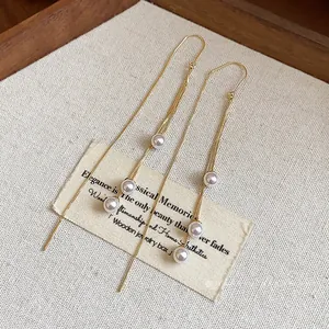 Elegant 18k gold plated long tassel pearl ear threader earrings for women jewelry gift