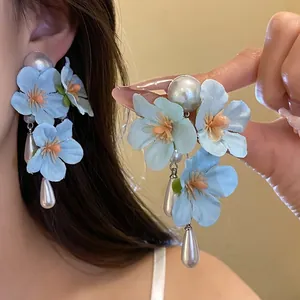 Romantic light blue fabric flower drop earrings with elegant teardrop pearls for vacation
