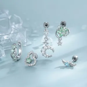 Edelstahl Zirkonia Stern Mond Flügel Knorpel Piercing Ohrstecker Minzgrün Silber Frischer Schmuck Nur Ein Stück