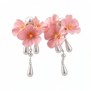 Elegant pink fabric flower tassel earrings with teardrop pearl accents in sweet style