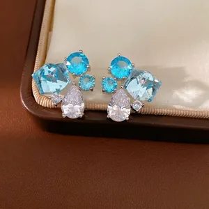 Orecchini a Bottone Quadrati a Goccia in Zirconia di Lusso con Perno in Argento Sterling 925 Orecchini Geometrici in Rame Intarsiato con Strass Blu per Donna Matrimonio Festa