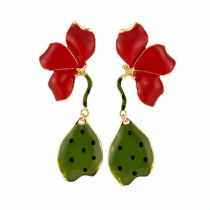 Vintage red enamel floral and green leaf drop earrings with exquisite gold finish studs
