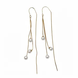 18k gold plated pearl threader earrings with tassel drops for elegant women