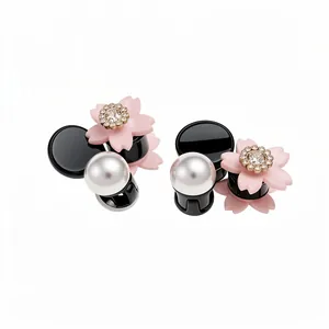 Eleganti mini mollette per capelli con fiori rosa, strass scintillanti e perle