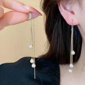 Elegant 18k gold plated long tassel pearl ear line earrings with high luster pearls