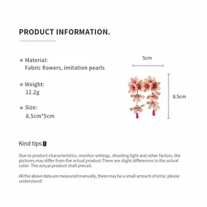 Earring product specifications detailing size, weight, fabric flower and pearl materials