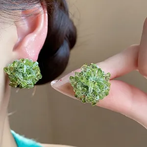 Pendientes de Botón de Flor de Vidrio Estilo Mori para Mujer Lujo Ligero Cuentas Hechas a Mano con Poste de Plata