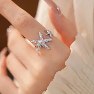 Luxury Copper Zirconia Inlaid Starfish Open Ring Adjustable Silver Jewelry For Women Vacation Fashion Finger Ring Gift