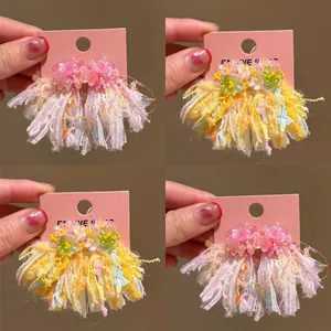 Handmade Floral Tassel Drop Earrings For Women Sweet Fabric Lace Artificial Pearl Flower Stud Earrings Fashion Spring Jewelry