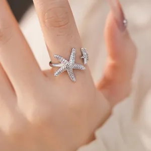 Sparkling zircon starfish open ring for women, stylish adjustable beach jewelry