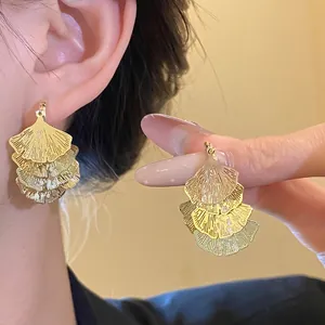 Vintage Ginkgoblatt Fächerförmig Quaste Ohrringe Für Damen Vergoldet Legierung Silber Ohrringpfosten Retro Modeschmuck Geschenk
