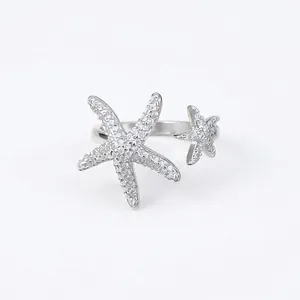 Elegant silver-finished starfish open ring with sparkling cubic zirconia for summer