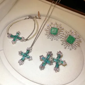 Zirconia Cross Pendant Necklace Bracelet Stud Earrings Set Emerald Green Copper Silver Plated Women Jewelry Accessories