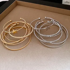 Women Retro Exaggerated Open Star Bangle Bracelet Gold Silver Plated Iron Geometric Layered Fashion Jewelry Accessory