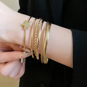 Vintage gold bangle set featuring a flat five-pointed star open cuff bracelet for women