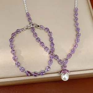 Zirconia Inlaid Copper Necklace Bracelet Set Artificial Pearl Clavicle Chain For Women Light Luxury Fashion Jewelry