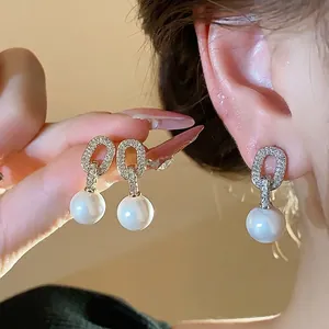 French Minimalist Oval Rhinestone Stud Earrings With Artificial Pearl Drops For Women Elegant Luxury Silver Earring Post Jewelry