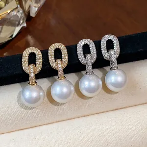 French style silver needle pearl earrings with zircon oval link, luxury fashion jewelry.