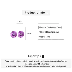 Elegant purple painted flower stud earrings with rhinestones and 3.5cm size details