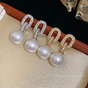 Elegant silver needle zircon stud earrings with white pearl drops for women