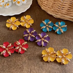 Exaggerated Pleated Flower Stud Earrings Steel Earring Post Drip Oil Enamel Metallic Ins Style Luxury Floral Earrings Women
