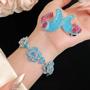 Set di Gioielli Vintage con Zirconia a Goccia d'Acqua Rame Orecchini a Goccia Blu Rosa E Bracciale Floreale per Donna Festa