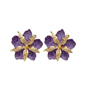 Elegant purple enamel flower stud earrings with layered gold metal petals for women