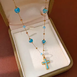 Vintage Gold Plated Copper Cross Pendant Necklace Blue Stone Beaded Chain Light Luxury Enamel Choker Jewelry For Women