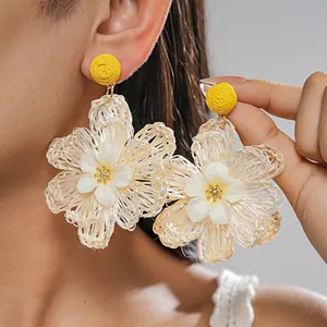 Bohemian Handmade Raffia Woven Flower Stud Earrings With Fabric Center And Steel Post Summer Beach Vacation Floral Earrings For Women