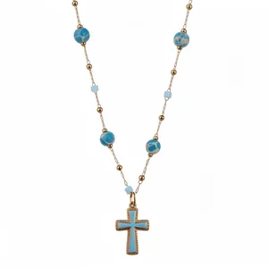 Vintage style stone beaded necklace with light blue oil-drop cross pendant