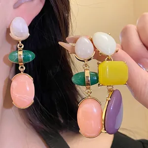 Vintage Geometric Resin Drop Earrings Multicolor Oval Pendant Earrings With Silver Post Retro Fashion Jewelry For Women