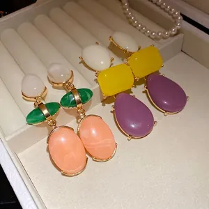 Vintage resin geometric drop earrings with colorful oval and teardrop shaped pendants