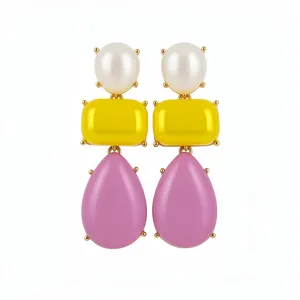 Retro resin drop earrings featuring white yellow and pink geometric pendants on gold settings