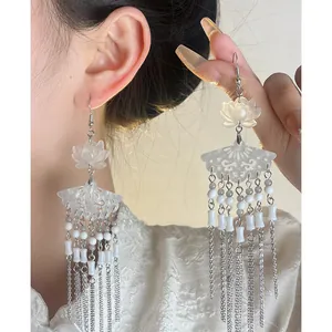 Neo-Chinese Style Lotus Tassel Earrings Vintage Glass Artificial Pearl Hollow Fan Long Dangle Ear Hook Earrings For Women Wedding Jewelry