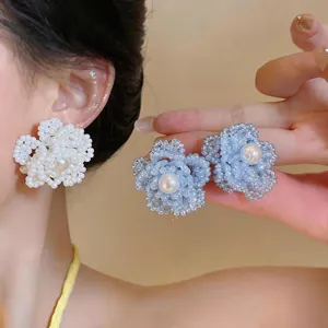 Pendientes de Botón de Flor de Cuentas de Lujo Francés Con Poste de Plata de Ley 925 Pendientes Florales de Perlas Artificiales para Mujer