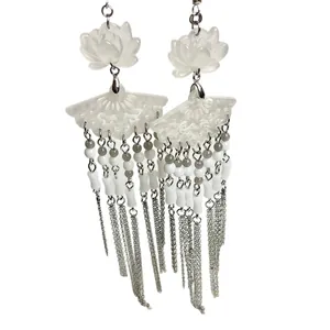 Elegant Neo-Chinese style white carved lotus long tassel earrings for traditional Hanfu look